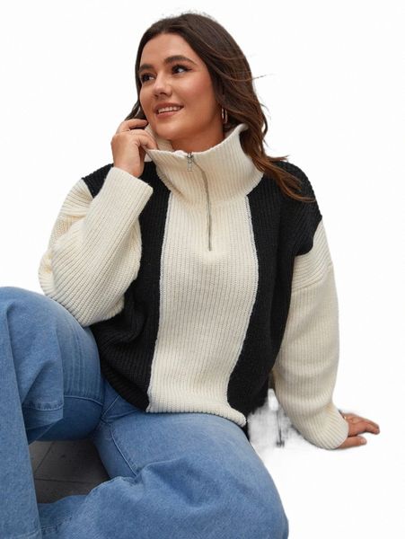 

plus size t-shirt plus two tone half zipper placket sweater t6qq#, Black