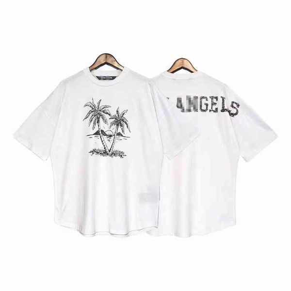 

palm angle mens womens designer t shirts 22ss tide brand sunset coconut printed short sleeve t-shirt men's and women's high loose, White;black