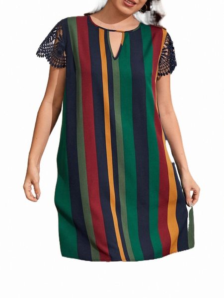 

plus size dresses plus striped contrast lace keyhole neck dress c9fc#, Black
