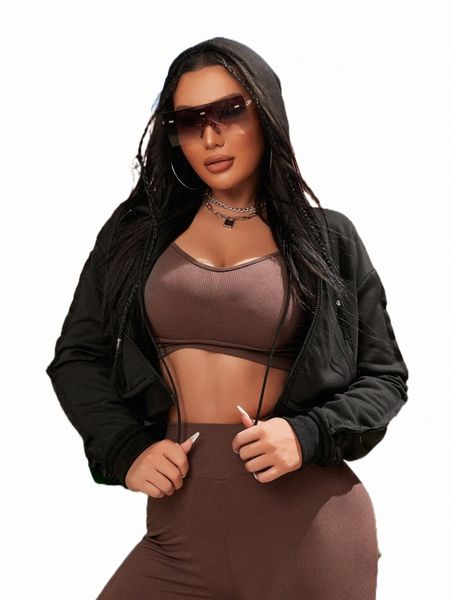 

women's hoodies & sweatshirts drop shoulder crop hoodie l69z#, Black