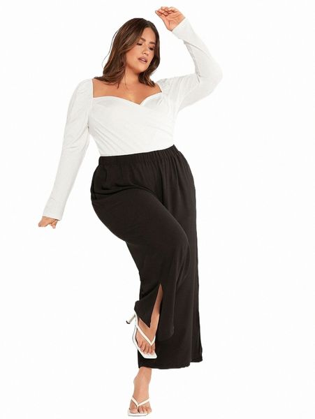 

plus size pants evolu plus solid split hem wide leg pants y6v0#, Black
