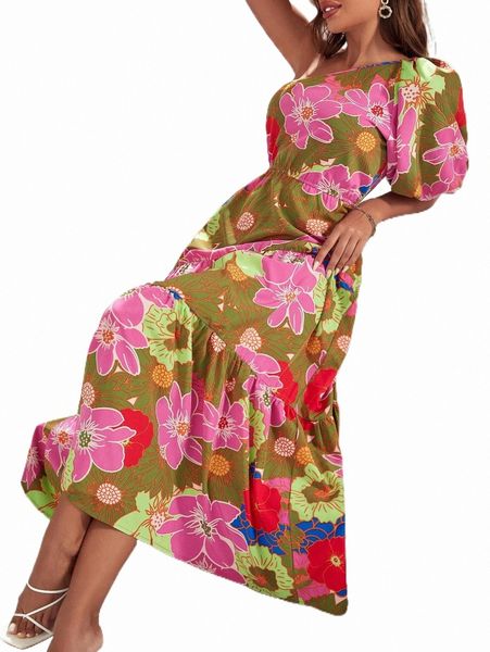 

casual dresses allover floral print ruffle hem dress 03nz#, Black;gray