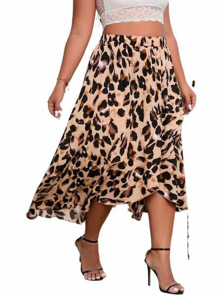 

plus size pants plus allover print ruffle asymmetrical hem skirt 40yg#, Black