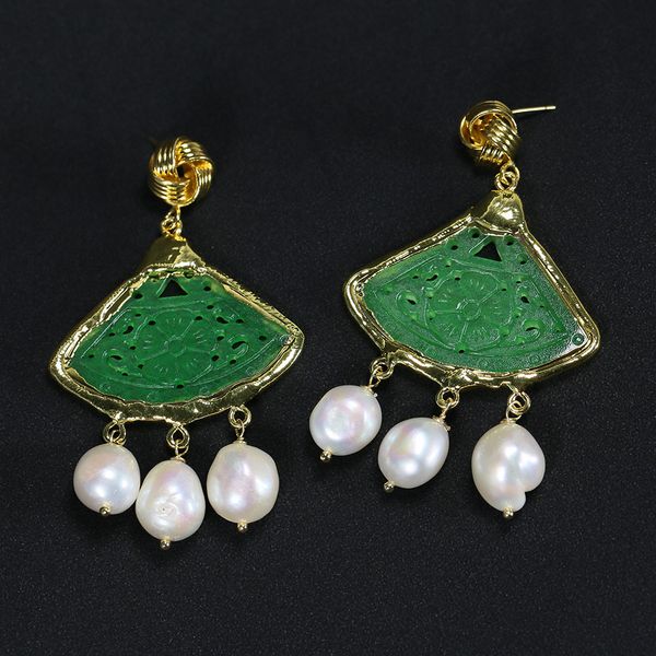 

cultured white keshi pearl beaded green sector shape carved jade dangle stud earrings fashion women jewelry, Silver