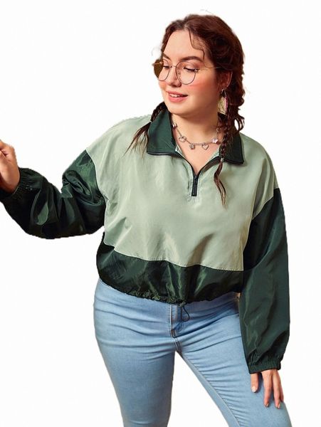 

plus size outerwear & coats plus two tone quarter zip drop shoulder drawstring jacket y60w#, Black