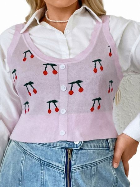

plus size t-shirt plus 1pc cherry pattern button detail knit c59a#, Black