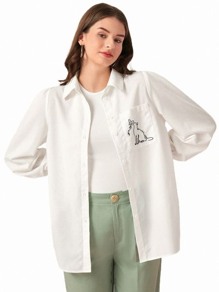 

women's blouses & shirts cat & butterfly embroidery button front shirt 95kr#, White