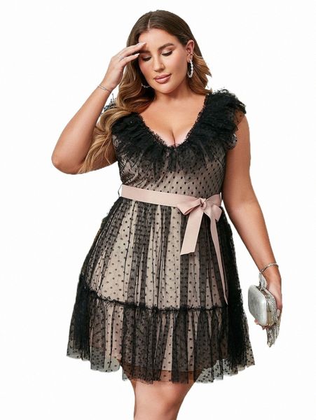 

plus size dresses simplee plus contrast mesh ruffle hem belted dress j9om#, Black