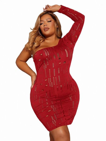 

plus size dresses sxy plus one shoulder ripped detail bodycon dress m2v3#, Black
