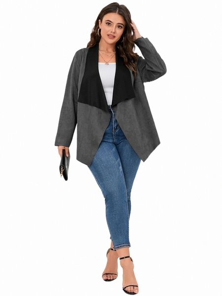 

plus size outerwear & coats plus two tone waterfall collar coat z1hr#, Black