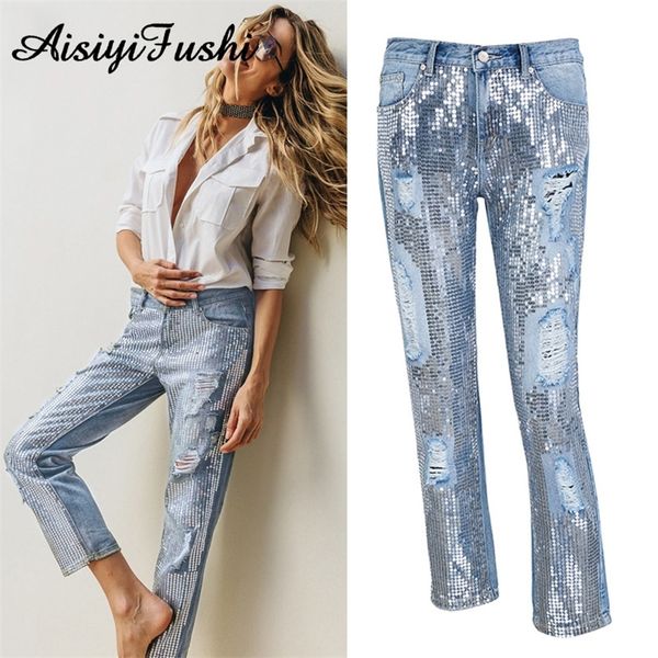 

women's jeans sequin ripped jeans for women bottom streetwear hole zipper fringe ripped jeans pants women's denim trousers loose f, Blue