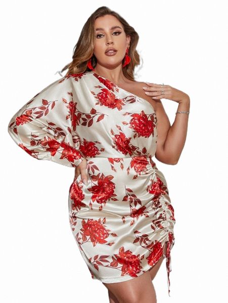 

plus size dresses glamaker plus floral print one shoulder ruched satin dress o6hm#, Black