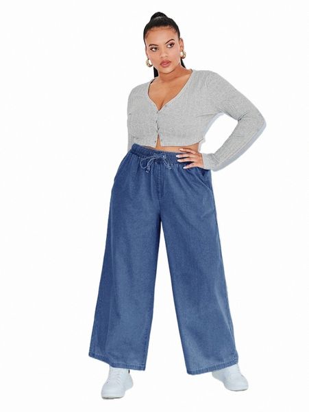 

women's jeans plus drawstring waist wide leg jeans l5ui#, Blue