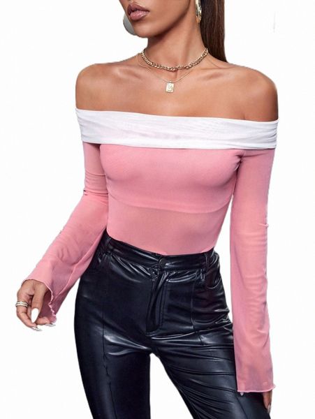 

women's t-shirt off shoulder contrast panel o9w3#, White