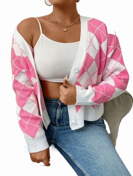 

plus size t-shirt plus argyle pattern drop shoulder cardigan b1iw#, Black