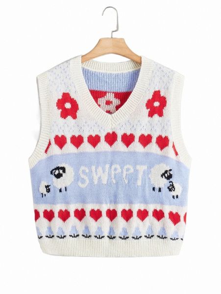 

plus size t-shirt plus heart & sheep pattern sweater vest z5nh#, Black
