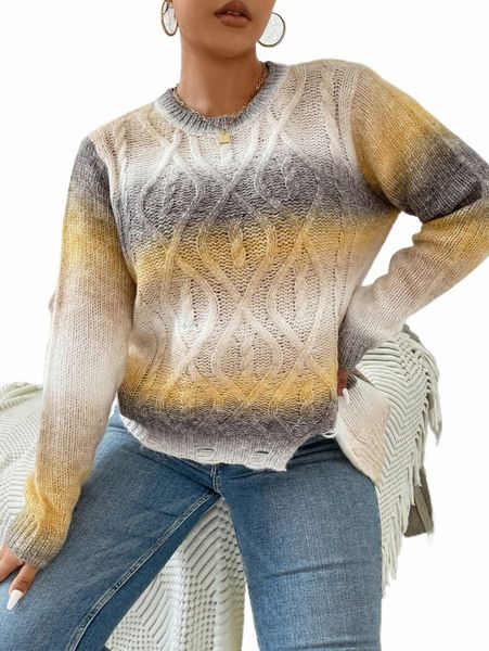 

plus size t-shirt plus ombre cable knit distressed sweater z74q#, Black