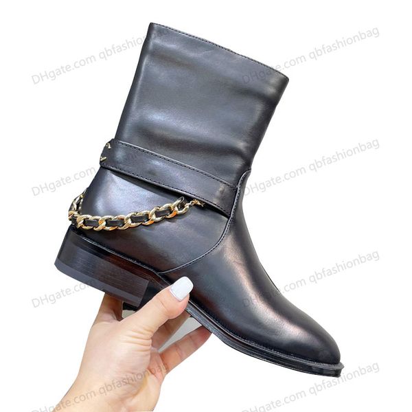

winter classic chain ankle boots combat bootie with low heels zipper real leather snow round toes designer chelsea rainboots thigh-high boot, Black