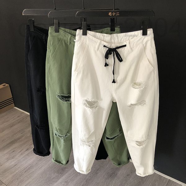 

men's jeans designer elastic waist with holes cowboy men's nine point trousers loose summer thin style harlan's small feet lo, Blue