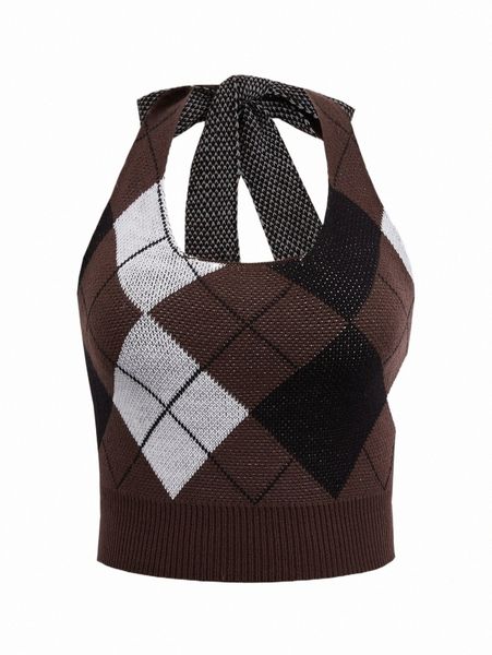 

plus size t-shirt plus argyle pattern tie back halter knit j0av#, Black