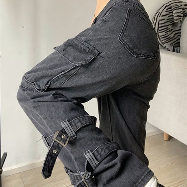 

women's jeans goth chic low waist jeans retro grunge oversized casual straight trousers academic cute 90s fashion pockets pants cuteand, Blue
