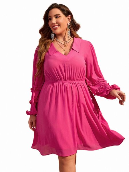 

plus size dresses plus v-collar frill detail lantern sleeve dress 48eu#, Black