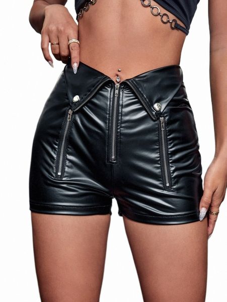 

women's shorts foldover asymmetrical waist zipper pu shorts f03a#, White;black