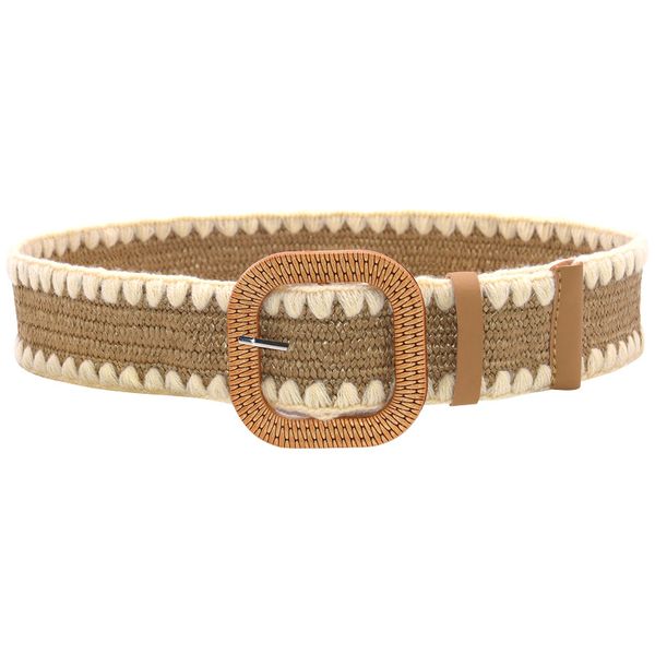 

women's belt wooden buckle pp raffia stretch woven hemp rope ethnic lace belt, Black;brown