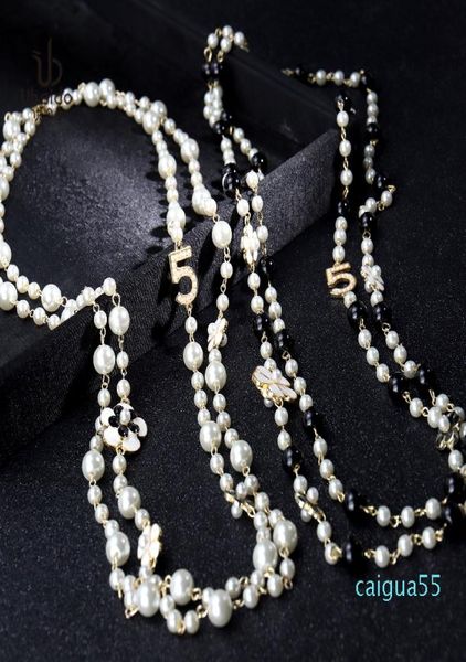 

fashion luxury designer classic flower elegant bright pearl multi layer long winter sweater statement necklace for woman, Black
