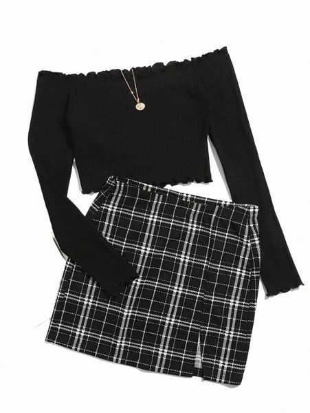 

plus size dresses plus lettuce trim tee & plaid skirt set q5pm#, Black