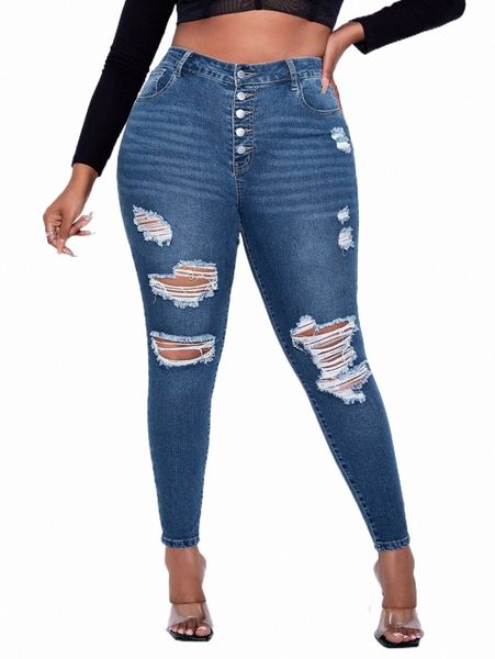 

women's jeans plus high waist button fly ripped skinny jeans t2x9#, Blue