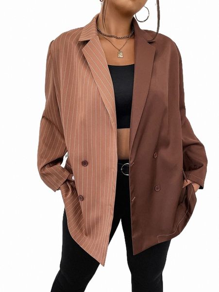 

plus size outerwear & coats plus striped print double breasted blazer t54i#, Black