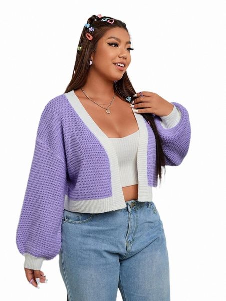 

plus size t-shirt plus contrast trim drop shoulder duster cardigan x2ky#, Black