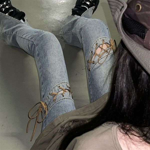 

women's jeans y2k fashion split casual jeans women spring and summer girl lace-up high-waist slim-fit flared long pants 220908, Blue