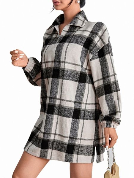 

women's down & parkas plaid print drop shoulder overcoat 52ry#, Black