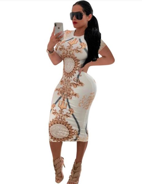 

summer women designer casual dresses printed short sleeve o neck bodycon party club elegant midi dress for girls, Black;gray