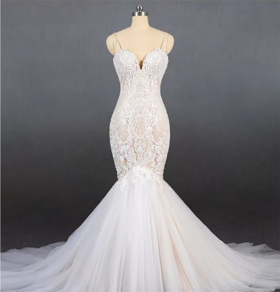 

mermaid wedding dresses straps lace backless bridal dress strapless sleeveless beaded lace elegant my71306, White