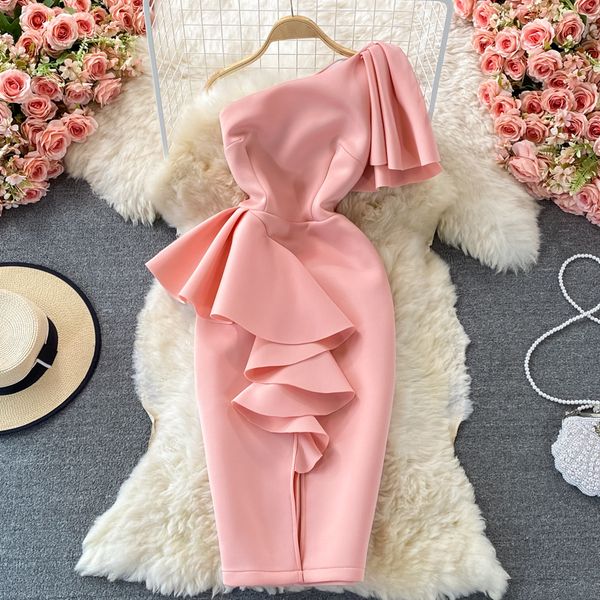 

celebrities light luxury dress high-end three-dimensional flounced diagonal shoulder ladies waist style split, Black;gray