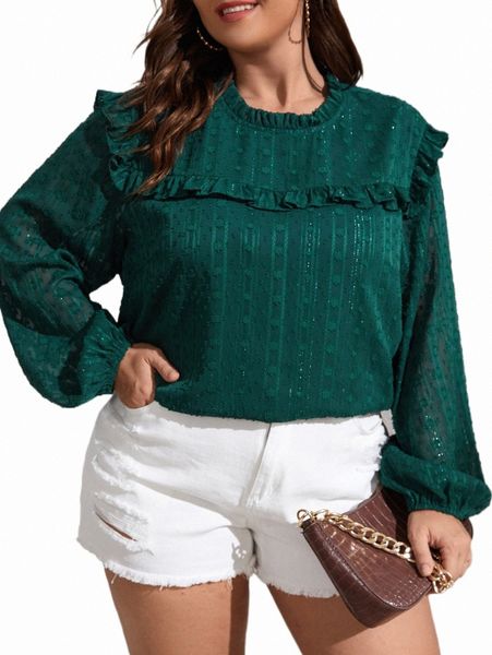 

plus size t-shirt plus swiss dot frill trim lantern sleeve blouse n1ji#, Black