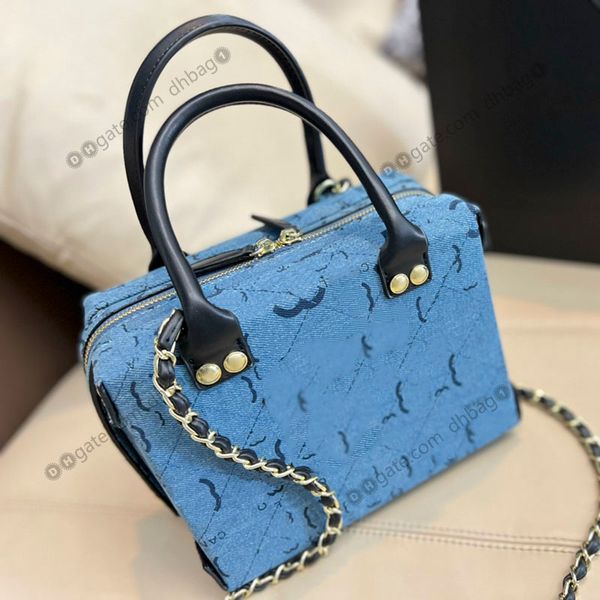 

french vanity case cosmetic bags womens genuine leather denim designer handbag tote bag gold-tone metal chain printed letter embroidery mess