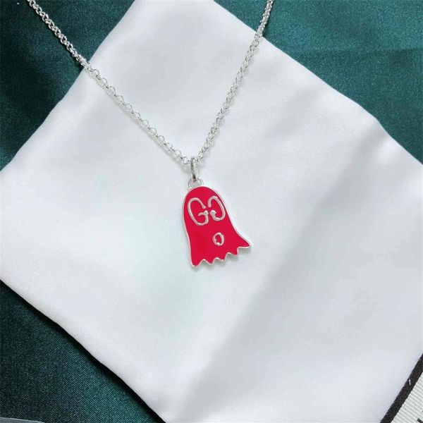 

925 silver ghost necklace hip hop drop glue enamel elf pendant red pink clavicle chain2833, Golden;silver