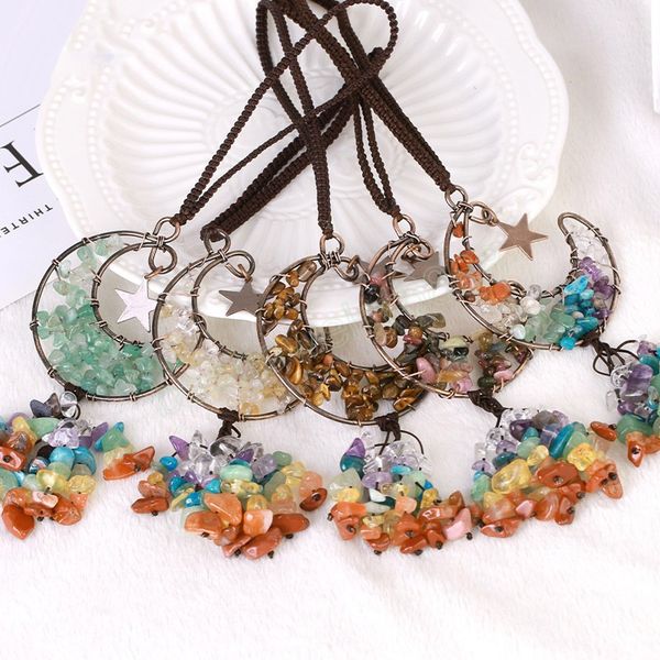 

natural stone 7 chakra crescent moon pendant charms for car hanging healing chip bead reiki star charm pendants jewelry women, Bronze;silver