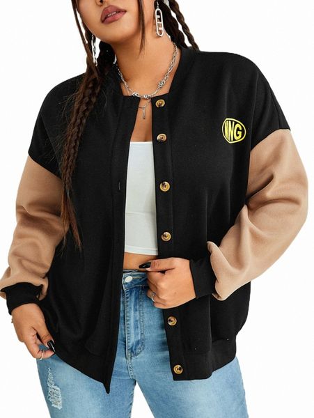 

plus size outerwear & coats plus letter graphic colorblock drop shoulder bomber jacket q3cy#, Black