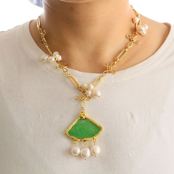 

natural white keshi pearl beaded golden chinese knot chain necklace green carven jade pearl pendant lady fashion gifts, Silver