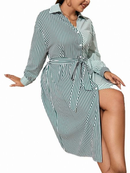 

plus size dresses plus striped print belted shirt dress 54a9#, Black