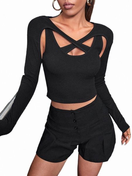 

women's t-shirt solid criss cross crop tee 2022 new 477g#, White