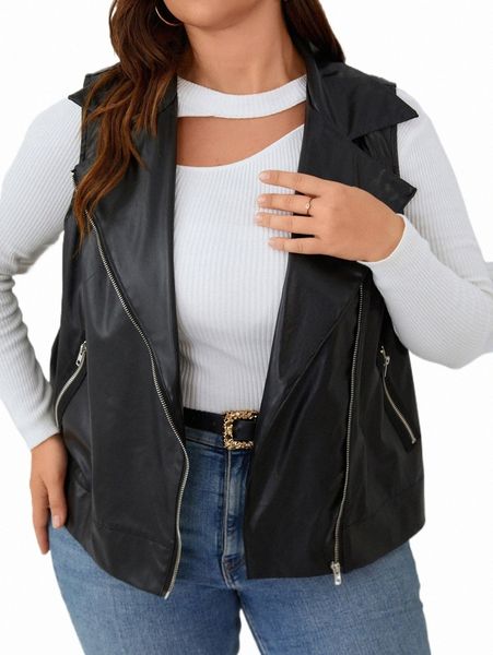 

plus size outerwear & coats plus zip up pu leather vest jacket 67ij#, Black