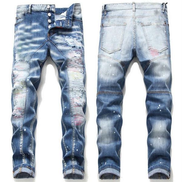 

20ss mens rips stretch black jeans fashion slim fit washed motocycle denim pants panelled hip hop trousers slim-fit elastic trouse216a, Blue