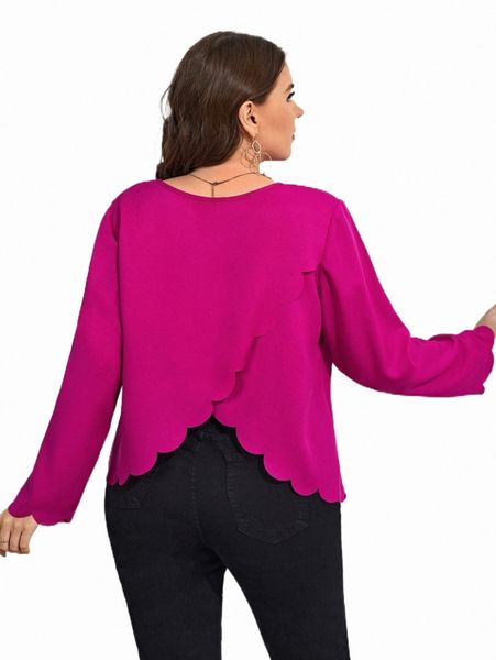 

plus size t-shirt plus tulip back scallop trim blouse 30gy#, Black