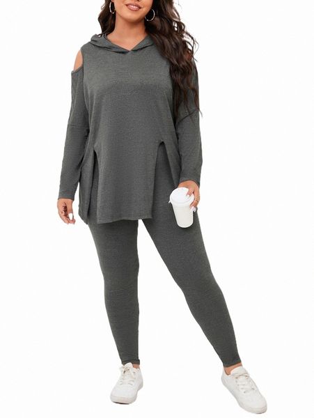 

plus size dresses plus cold shoulder split hem hooded tee & leggings v1ah#, Black